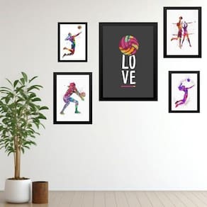 Kit 5 Quadros Decorativos Vôlei - Love - Com Vidro