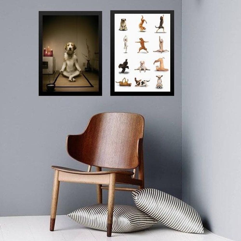 Kit 2 Quadros Meditação Yoga - Dogs 33X24Cm - Com Vidro