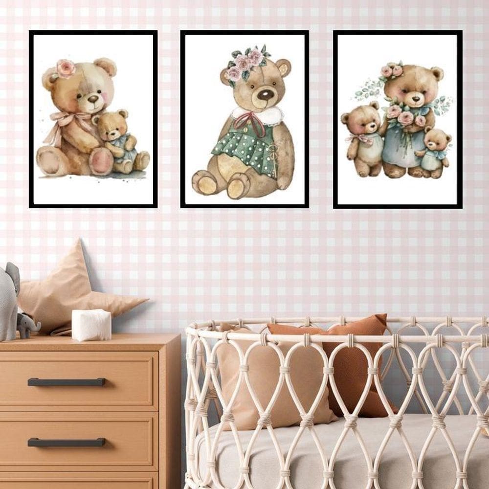 Kit 3 Quadros Quarto Bebê - Ursinha Vintage 45X34Cm - Vidro