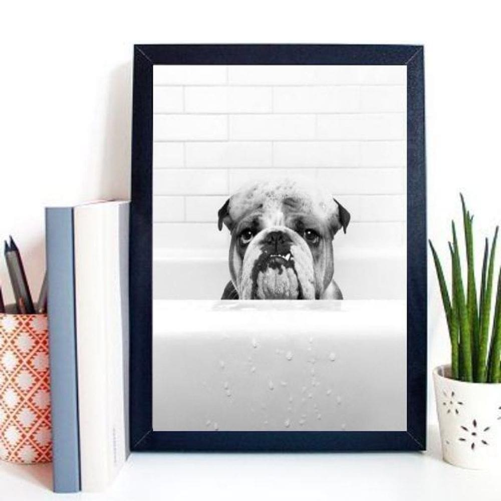 Quadro Para Banheiro Bulldog Na Banheira 45X34Cm - Com Vidro