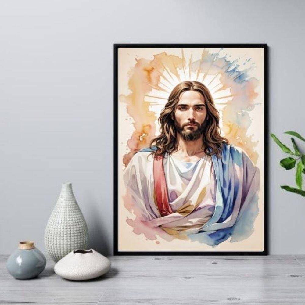 Quadro Jesus Cristo Aquarelado 24X18Cm - Com Vidro