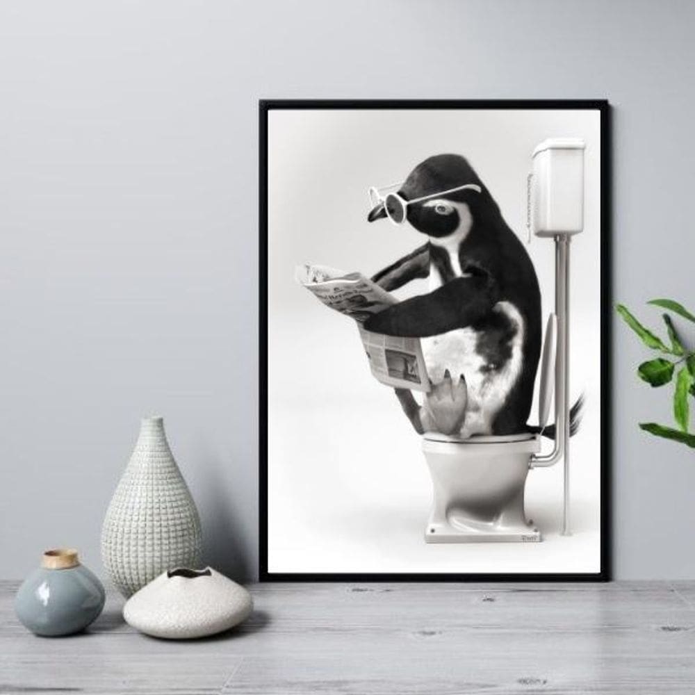 Quadro Para Banheiro Pinguim No Vaso 24X18Cm - Com Vidro