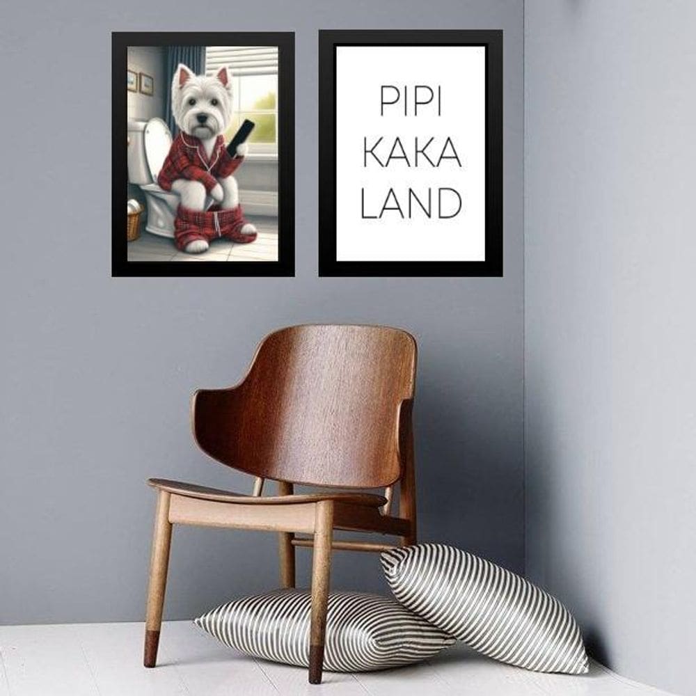 Kit 2 Quadros Divertidos Banheiro - Cãozinho 33X24Cm - Vidro