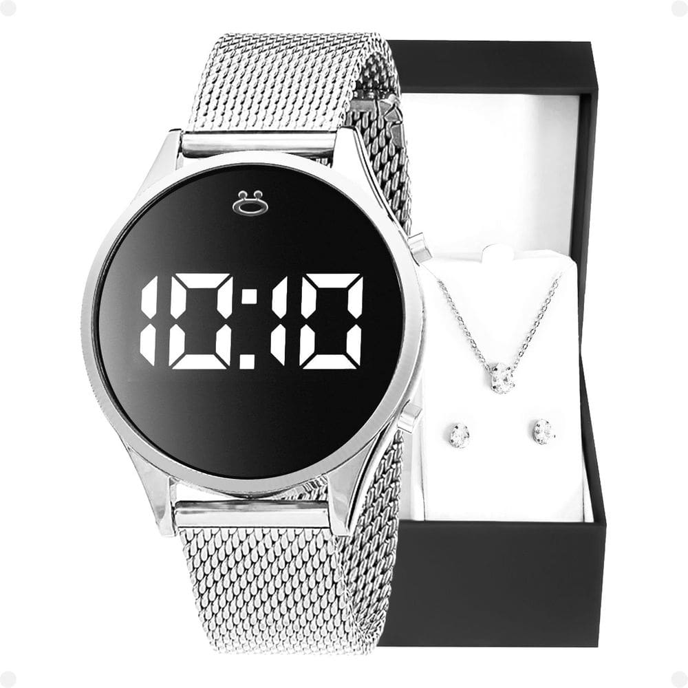Relógio Feminino Prata Digital Led + Brincos + Colar Moda Casual + Caixa