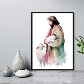 Quadro Jesus Com Cordeiros Aquarela 24X18Cm