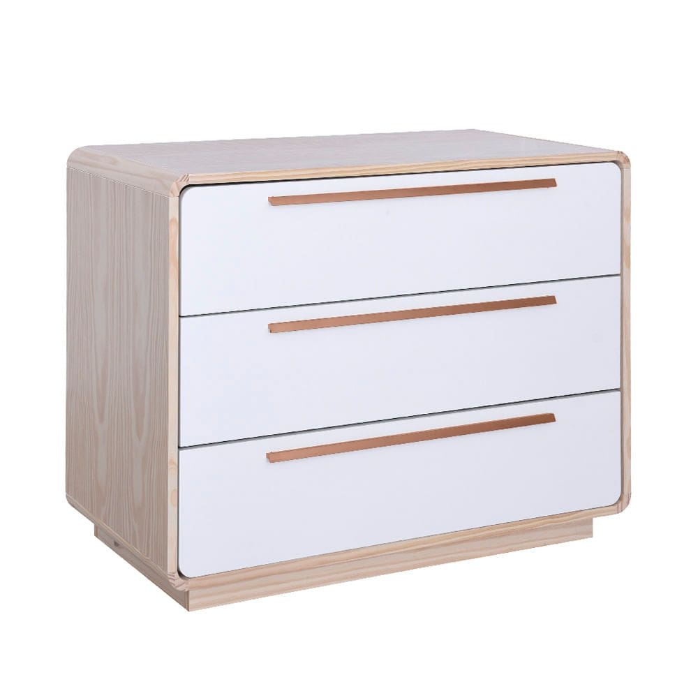 Cômoda Wave 3 Gavetas com Puxadores Cobre - Natural e Branco