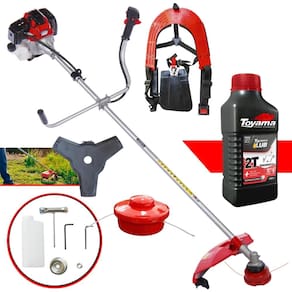 Máquina de Cortar Grama À Gasolina Toyama RT43-L 2T 43cc 1,7HP 10.000RPM Roçadeira Com Lâmina 3 Pontas e Cabeçote Nylon + Óleo Lubrificante 2 Tempos