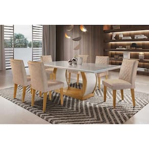Conjunto: Mesa Sala Jantar Jade c/ Tampo Madeirado c/ Vidro Canto Curvo 180cm + 6 Cadeiras Jade Imbuia/Bege Turim - Rufato