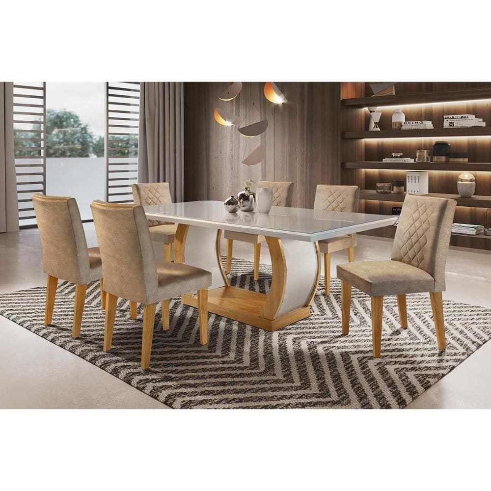 Sala de Jantar Completa Jade Tampo Madeirado c/ Vidro Canto Curvo 180x90cm e 6 Cadeiras Jade Imbuia/Linho Turim - Rufato