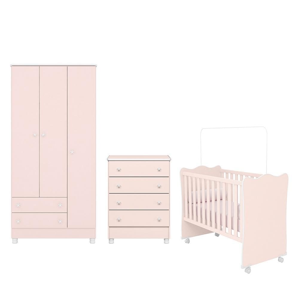Dormitório Infantil Doce Sonho 3 Portas, Cômoda 4 Gavetas e Berço com Rodízio - Qmovi
