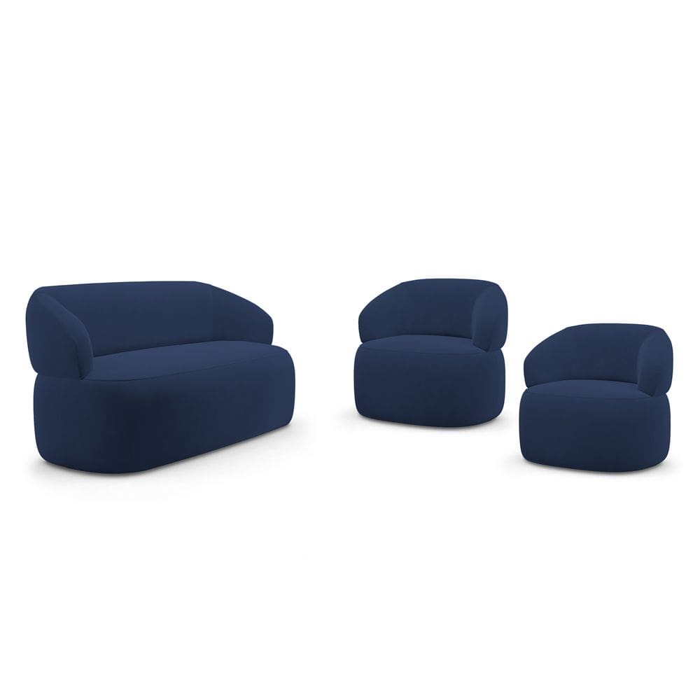 Kit 02 Poltronas Giratória e 01 Sofá Orgânico Glee 02 Lugares 140cm Veludo Azul Marinho - Desk Design