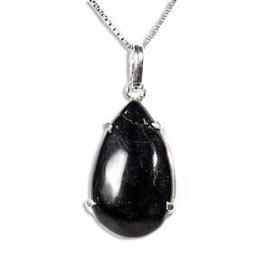 Colar Gota Pedra Turmalina Preta 16mm Natural Garra Prata 950