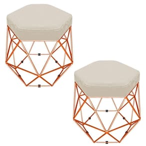 Kit 02 Puffs Banco Aramado Hexagonal Bronze Suede Bege