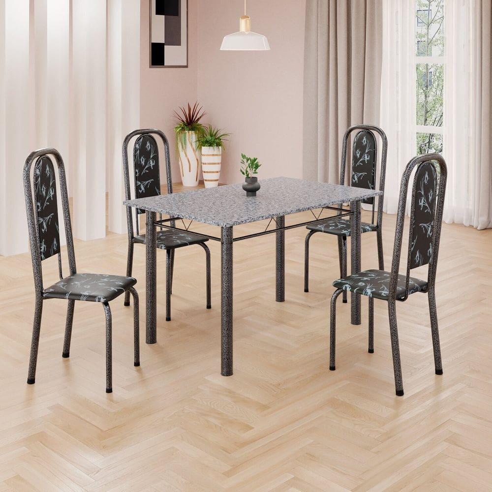 Conjunto de Mesa Retangular a 120x75cm Tampo Granito Ocre 4 Cadeiras Lavínea Preto Floral/ Mart Prata