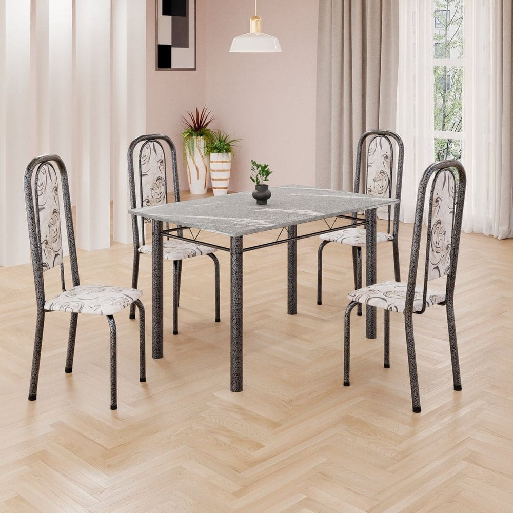 Conjunto de Mesa Retangular a 120x75cm Tampo Granito Topázio 4 Cadeiras Lavínea Arabesco/ Mart Prata