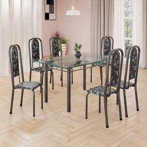 Conjunto de Mesa Retangular a 140x75cm Tampo de Vidro 6 Cadeiras Lavínea Preto Floral/ Mart Prata