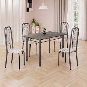Conjunto de Mesa Retangular a 120x75cm Tampo Ardósia Indiano 4 Cadeiras Lavínea Arabesco/ Mart Prata