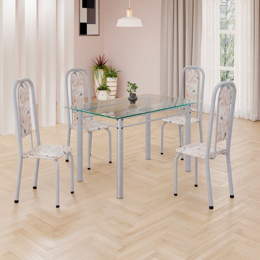 Conjunto de Mesa Retangular a 120x75cm Tampo de Vidro 4 Cadeiras Lavínea Botanic Bege / Mart Pérola