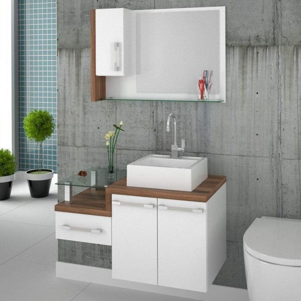 Kit com 4 Gabinetes para Banheiro 2 Portas 1 Gaveta com Cuba Q35 e Espelheira Legno 830W Branco/Nogal