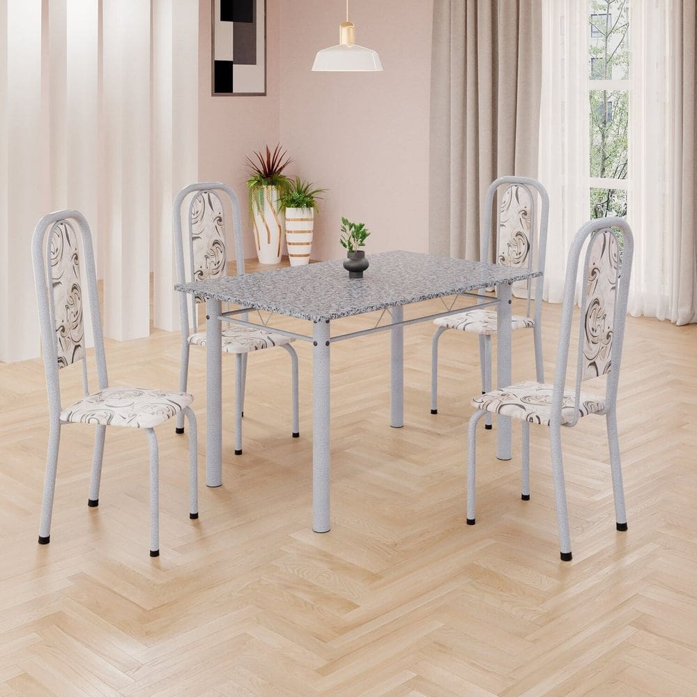 Conjunto de Mesa Retangular 120x75cm Tampo Granito Ocre 4 Cadeiras Lavínea Arabesco/ Mart Pérola