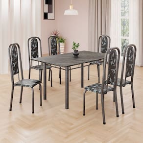Conjunto de Mesa Retangular a 140x75cm Tampo Ardósia Indiano 6 Cadeiras Lavínea Preto Floral/ Mart Prata