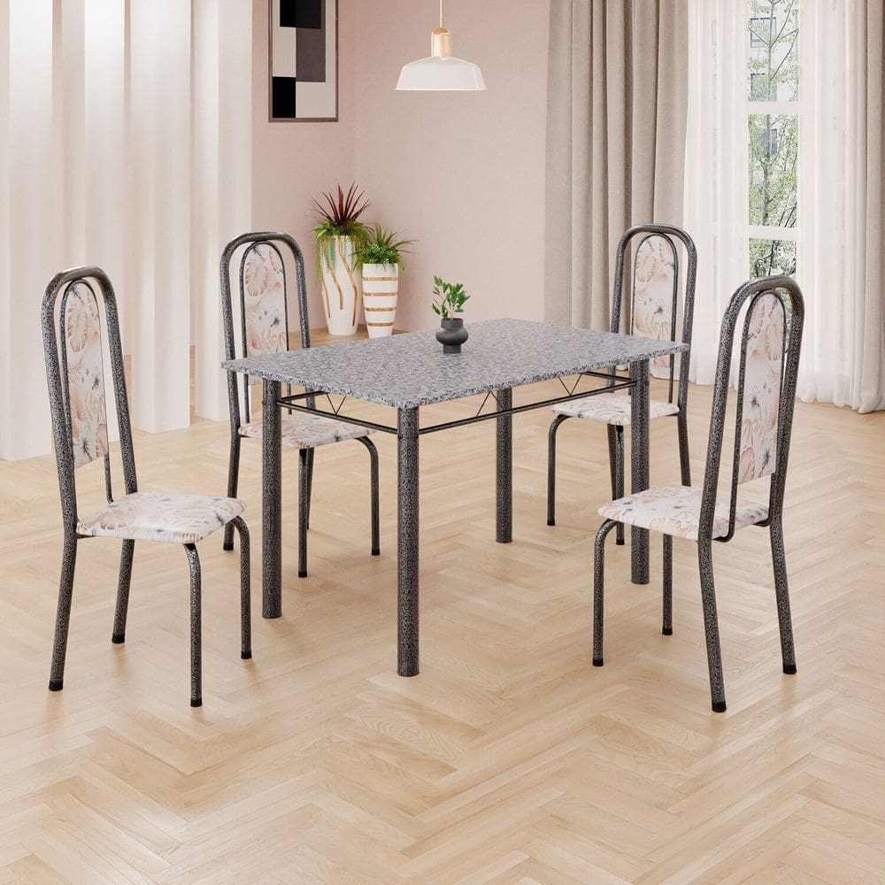 Conjunto de Mesa Retangular a 120x75cm Tampo Granito Ocre 4 Cadeiras Lavínea Botanic Bege / Mart Prata