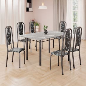Conjunto de Mesa Retangular a 140x75cm Tampo Granito Topázio 6 Cadeiras Lavínea Preto Floral/ Mart Prata