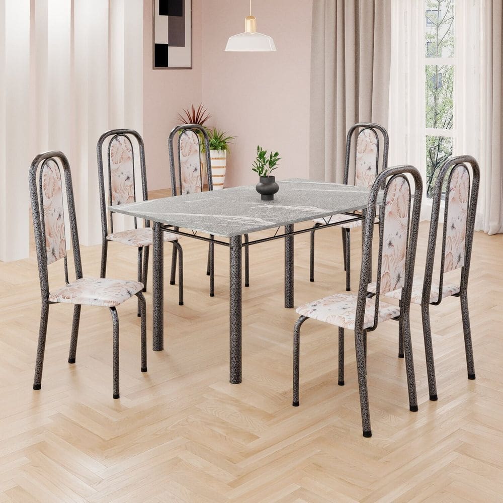 Conjunto de Mesa Retangular 140x75cm Tampo Granito Topázio 6 Cadeiras Lavínea Botanic Bege / Mart Prata