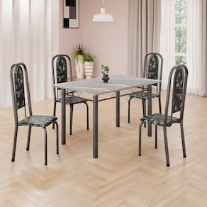 Conjunto de Mesa Retangular a 120x75cm Tampo Granito Topázio 4 Cadeiras Lavínea Preto Floral/ Mart Prata