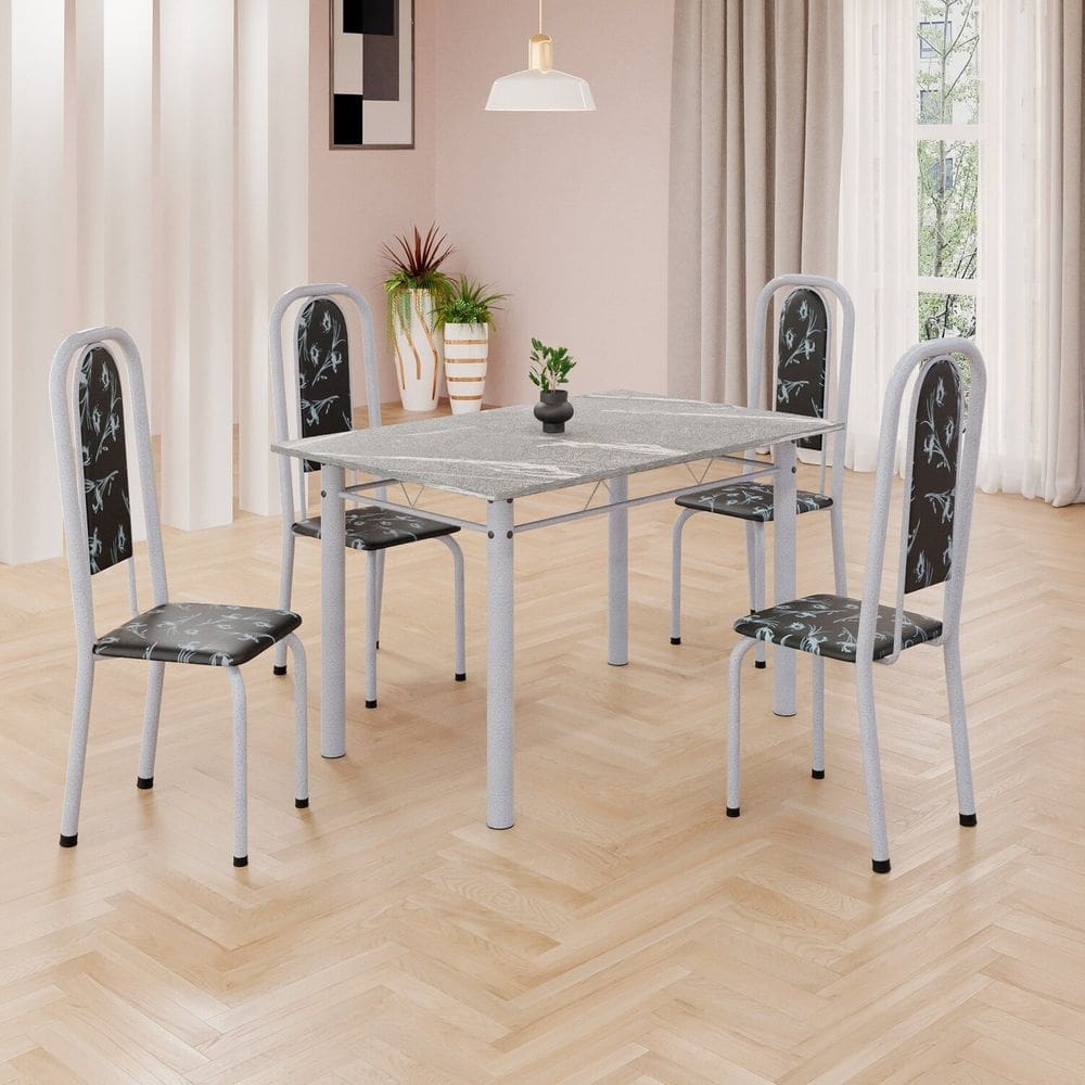 Conjunto de Mesa Retangular a 120x75cm Tampo Granito Topázio 4 Cadeiras Lavínea Preto Floral/ Mart Pérola