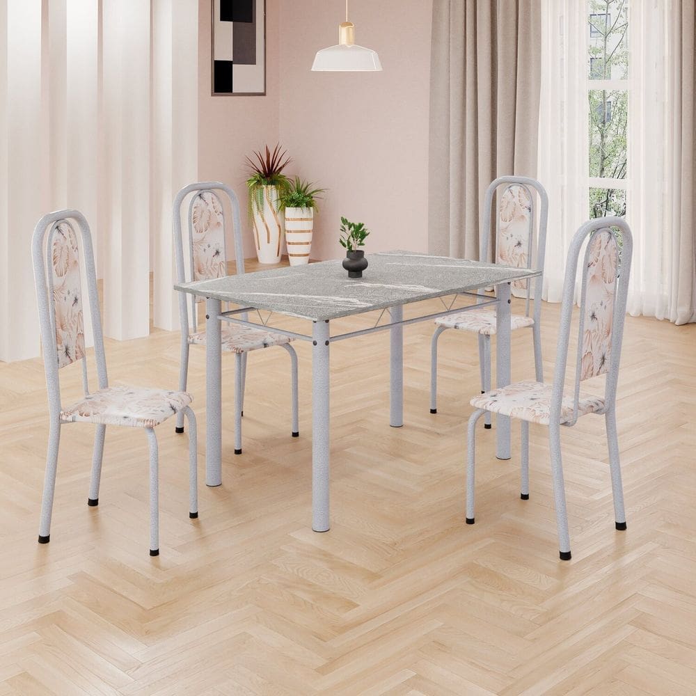 Conjunto de Mesa Retangular 120x75cm Tampo Granito Topázio 4 Cadeiras Lavínea Botanic Bege / Mart Pérola