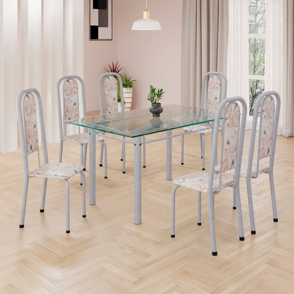Conjunto de Mesa Retangular 140x75cm Tampo de Vidro 6 Cadeiras Lavínea Botanic Bege / Mart Pérola