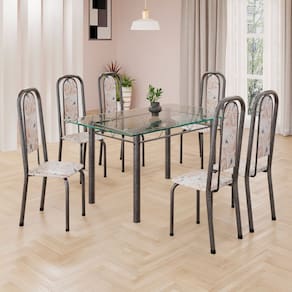 Conjunto de Mesa Retangular 140x75cm Tampo de Vidro 6 Cadeiras Lavínea Botanic Bege / Mart Prata