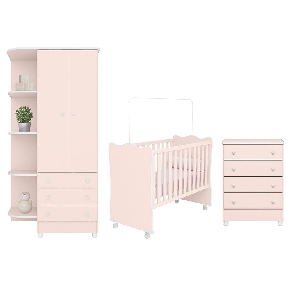 Dormitório Infantil Doce Sonho 2 Portas, Cômoda 4 Gavetas e Berço com Rodízio - Qmovi