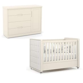 Berço Americano com Capitonê New Boucle e Cômoda Infantil Tutto New Off White - Matic