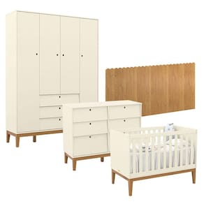 Quarto de Bebê Unique 4 Portas com Cômoda 6 Gavetas e Painel Farm Off White Eco Wood - Matic