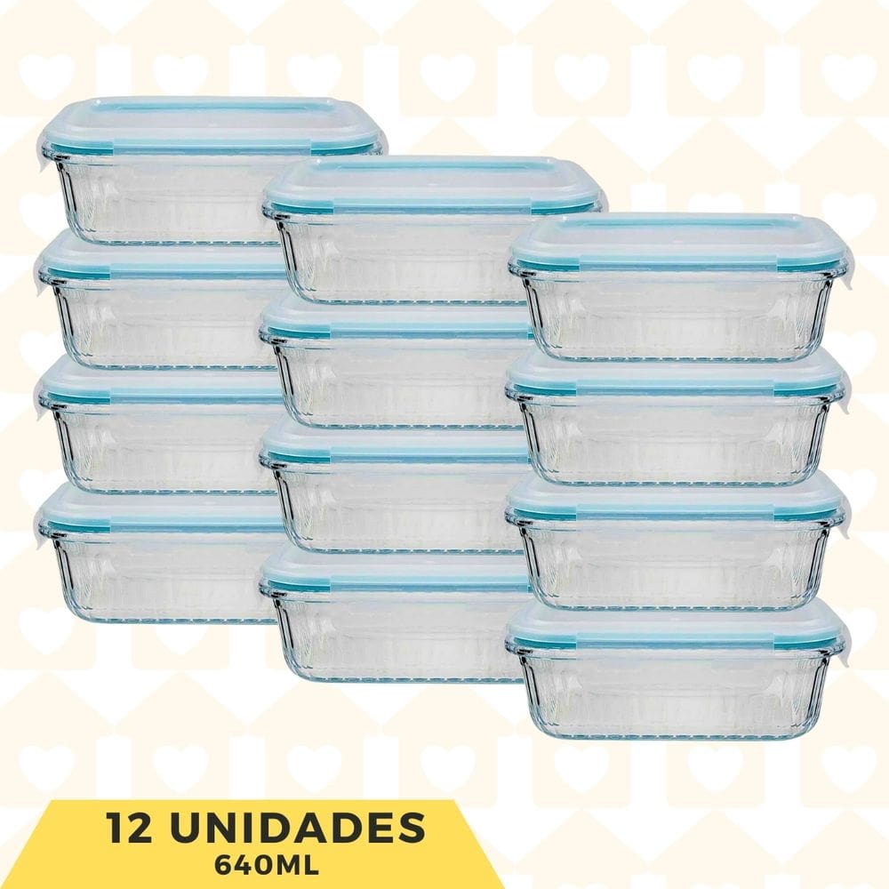 Jg 12 Pote 100% Herméticos Premium 640ML Vidro Retangular Fit