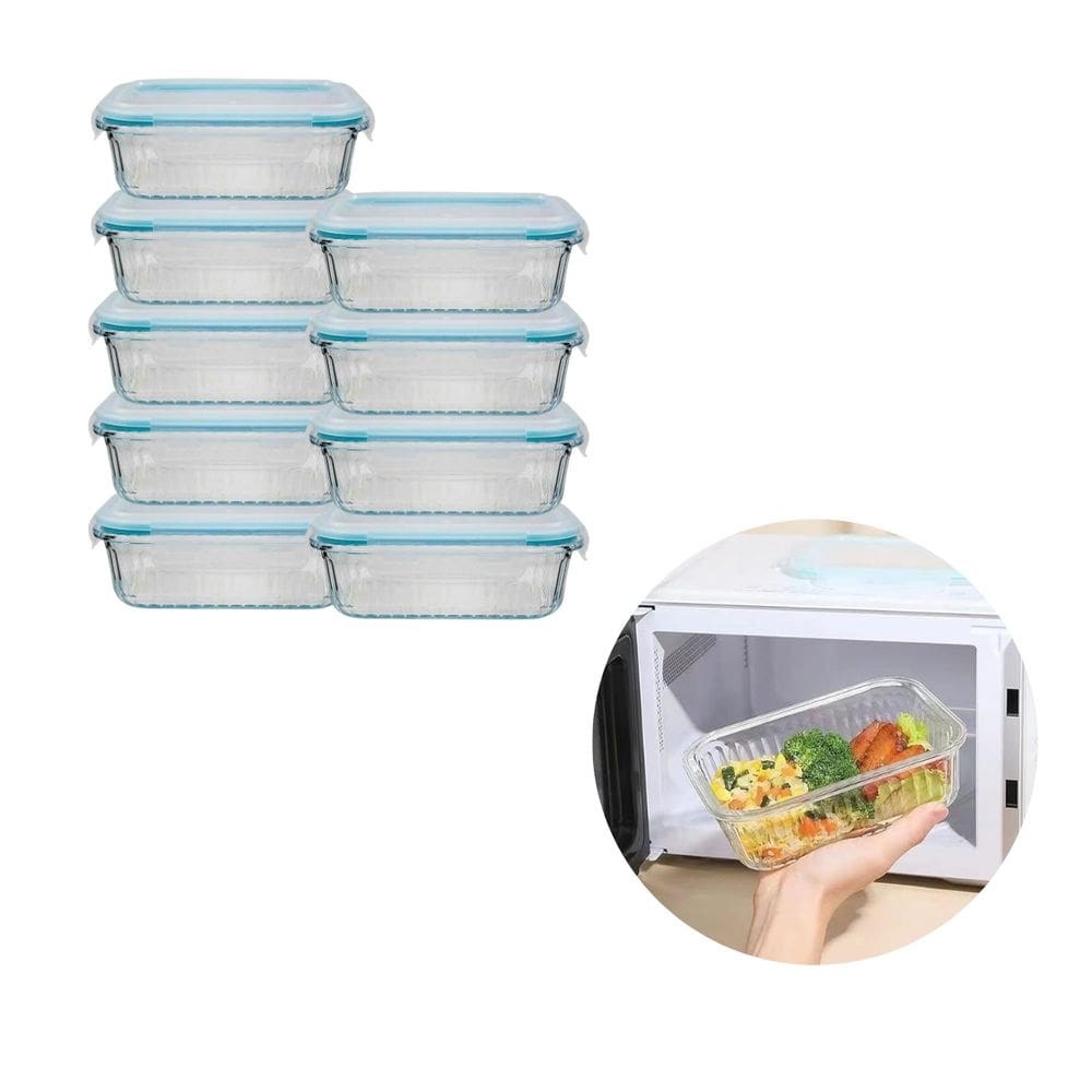9 Pote Vidro Retangular 640ML Hermético 4 Trava Forno/Freezer