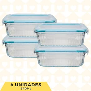Jg 4 Pote 100% Herméticos Premium 640ML Vidro Retangular Fit