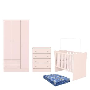 Dormitório Infantil Doce Sonho 3 Portas, Cômoda 4 Gavetas e Berço com Colchão - Qmovi