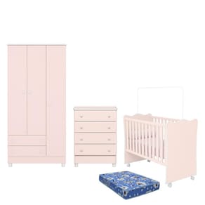 Dormitório Doce Sonho 3 Portas, Cômoda 4 Gavetas, Berço com Rodízio e Colchão - Qmovi