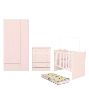 Dormitório Infantil Doce Sonho 3 Portas, Cômoda 4 Gavetas, Berço e Colchão - Qmovi