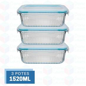 3 Potes Canelado Retangular Vidro Organizador Fitness 1520ml