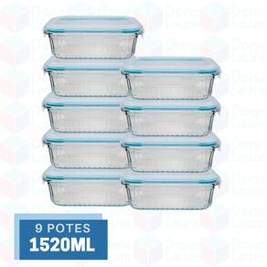 9 Potes Canelado Retangular Vidro Organizador Fitness 1520ml