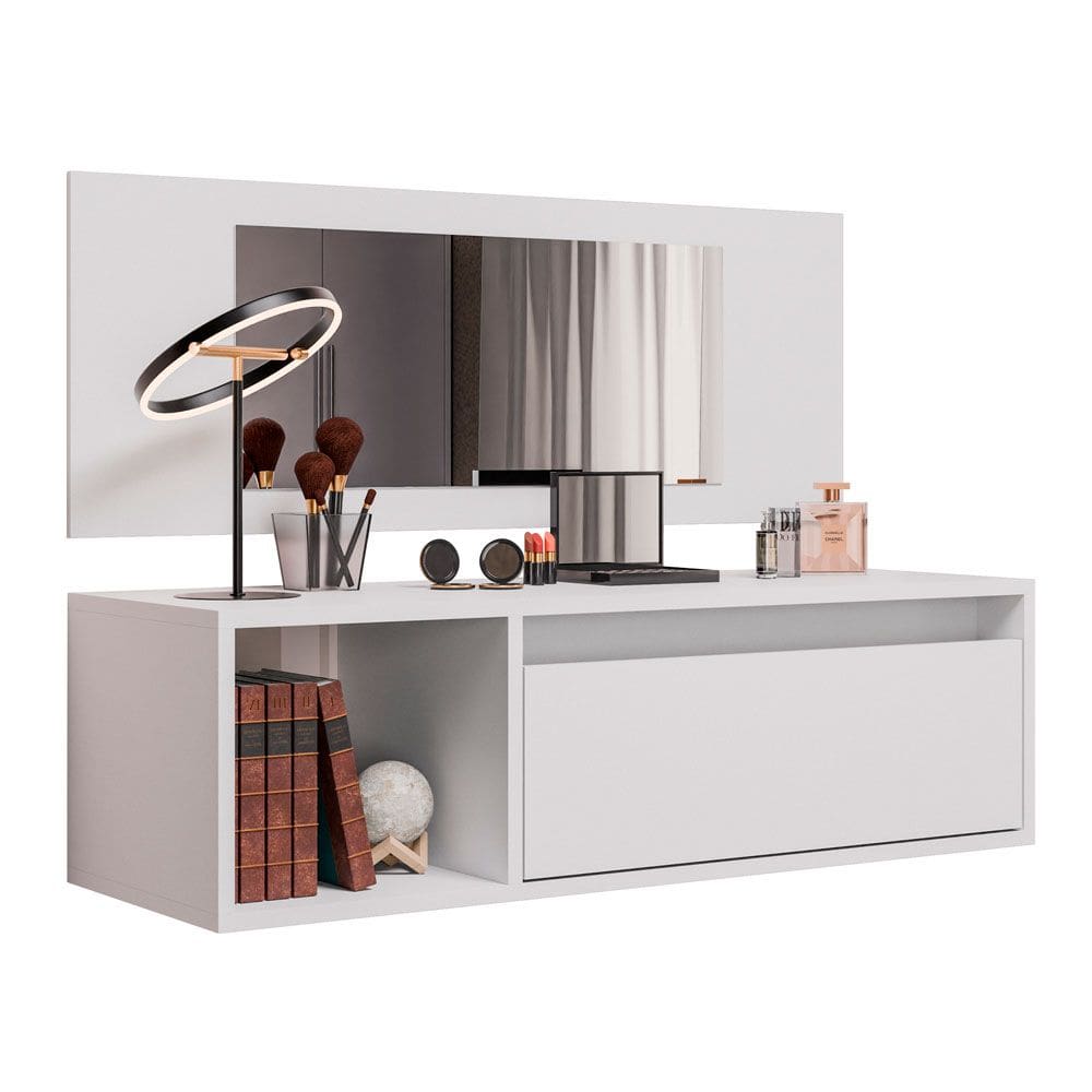 Penteadeira Mesa de Maquiagem Eva Suspensa 01 Porta com Espelho Branco - Desk Design
