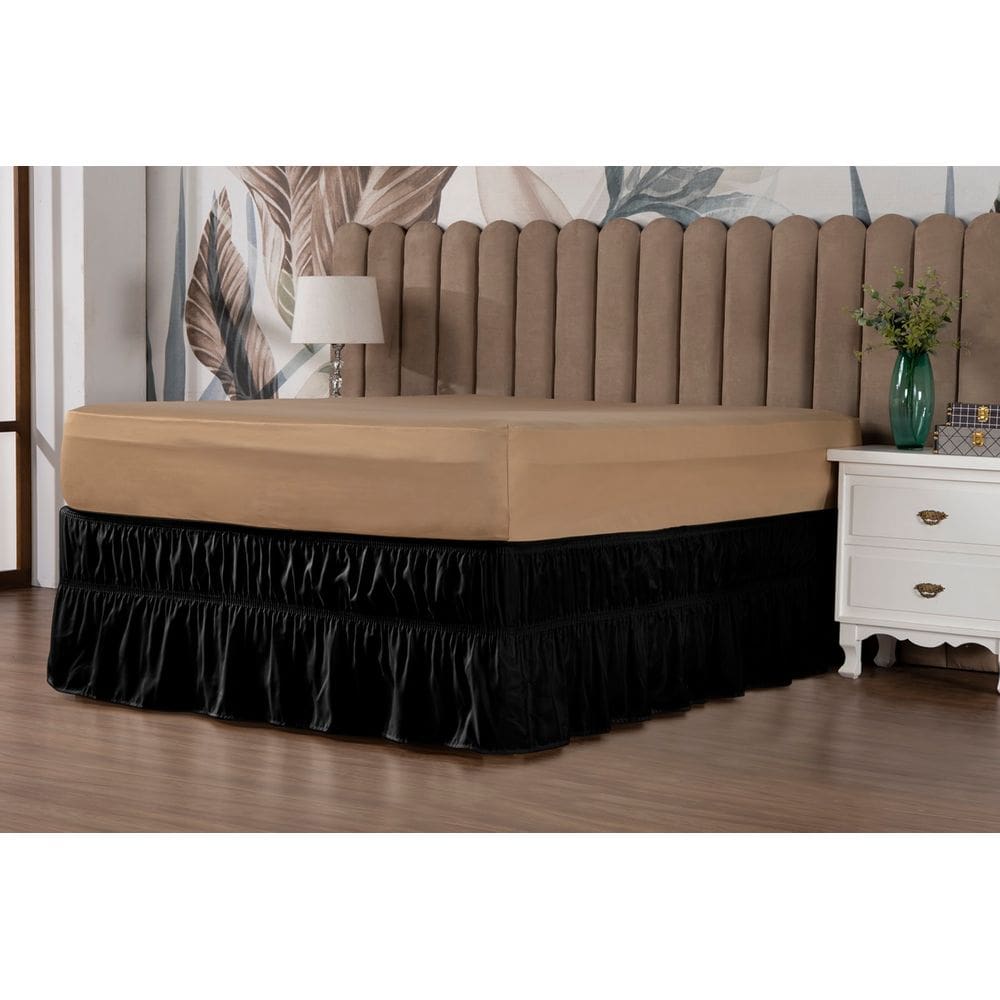 Saia Box Babado Cama Casal Queen e King Ajustável com 2 Elásticos Lisa Preta