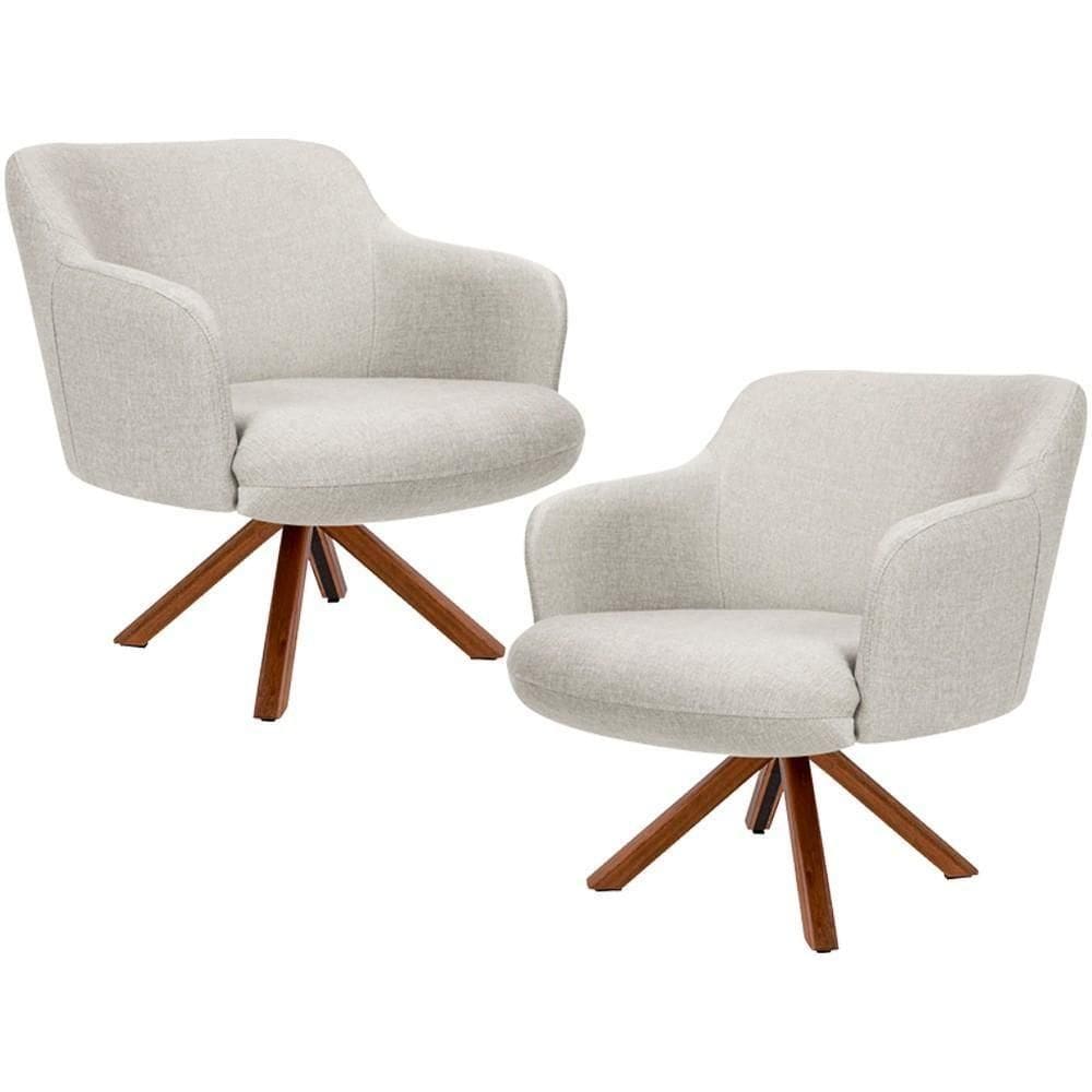 Kit 02 Poltronas Base Giratória De Madeira Linho Bege C-107