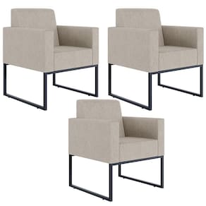Kit 03 Poltronas Base Fixa De Metal Helô L02 Linho Bege