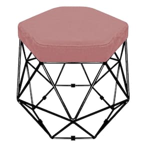 Puff Banco Aramado Hexagonal Base Eiffel Preta Suede Rosê