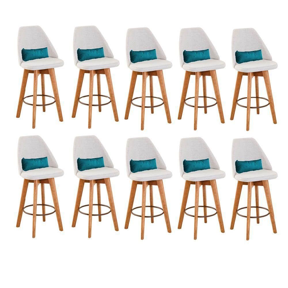 Kit 10 Banquetas Linho Bege E Almofada Suede Azul Turquesa